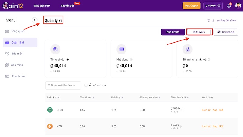 Đăng nhập vào sàn Coin 12 chọn quản lý ví